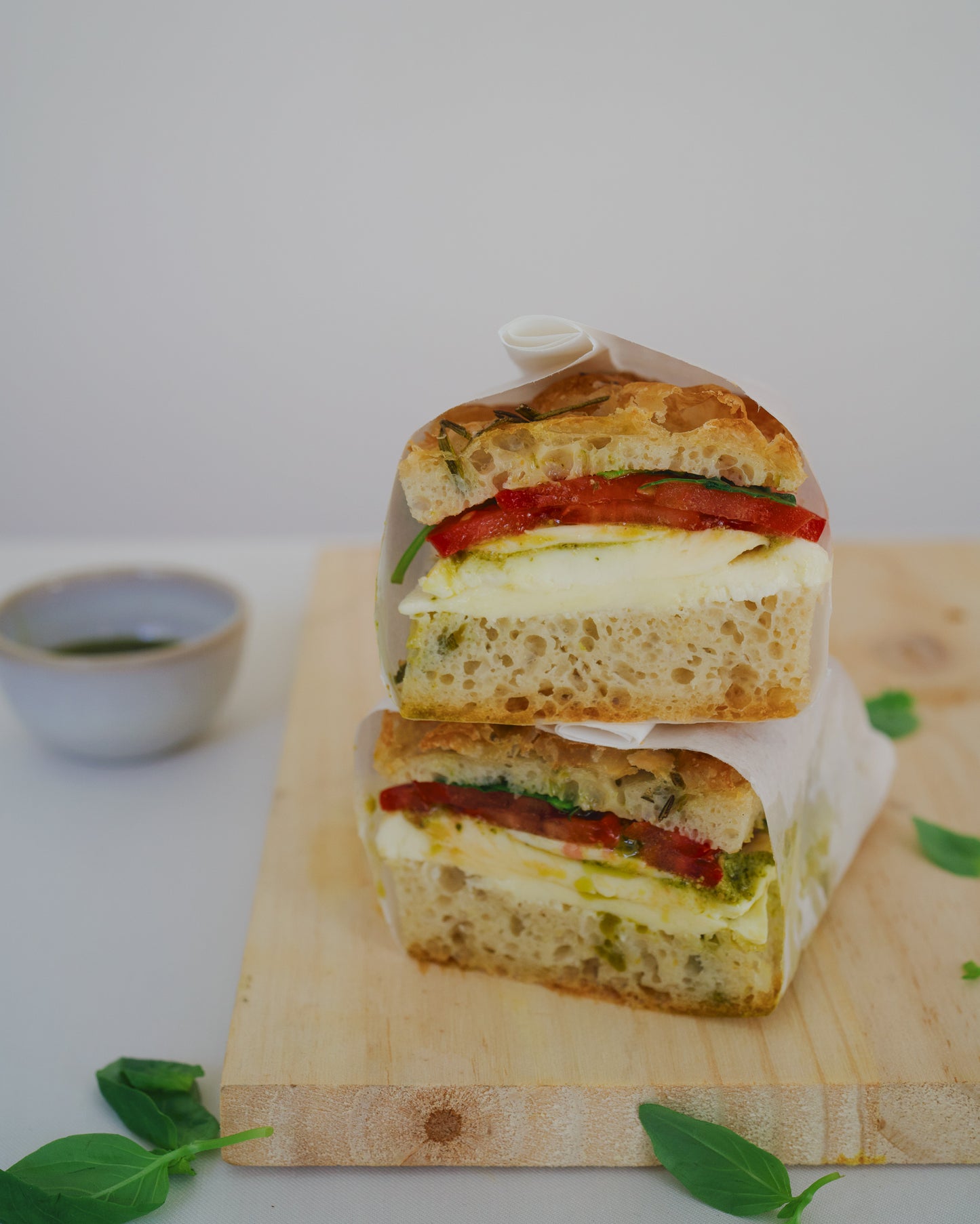 Caprese Focaccia sandwich, stacked