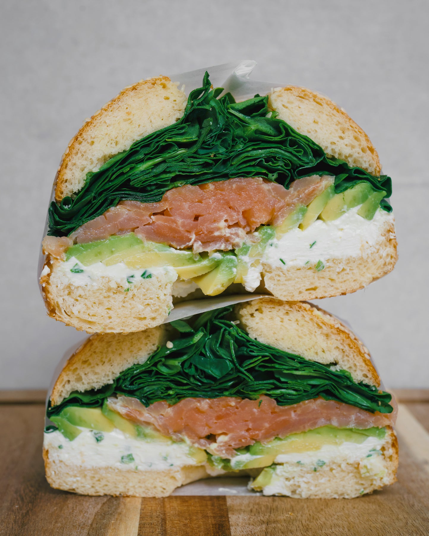 Piato salmon bagel, stacked, front shot