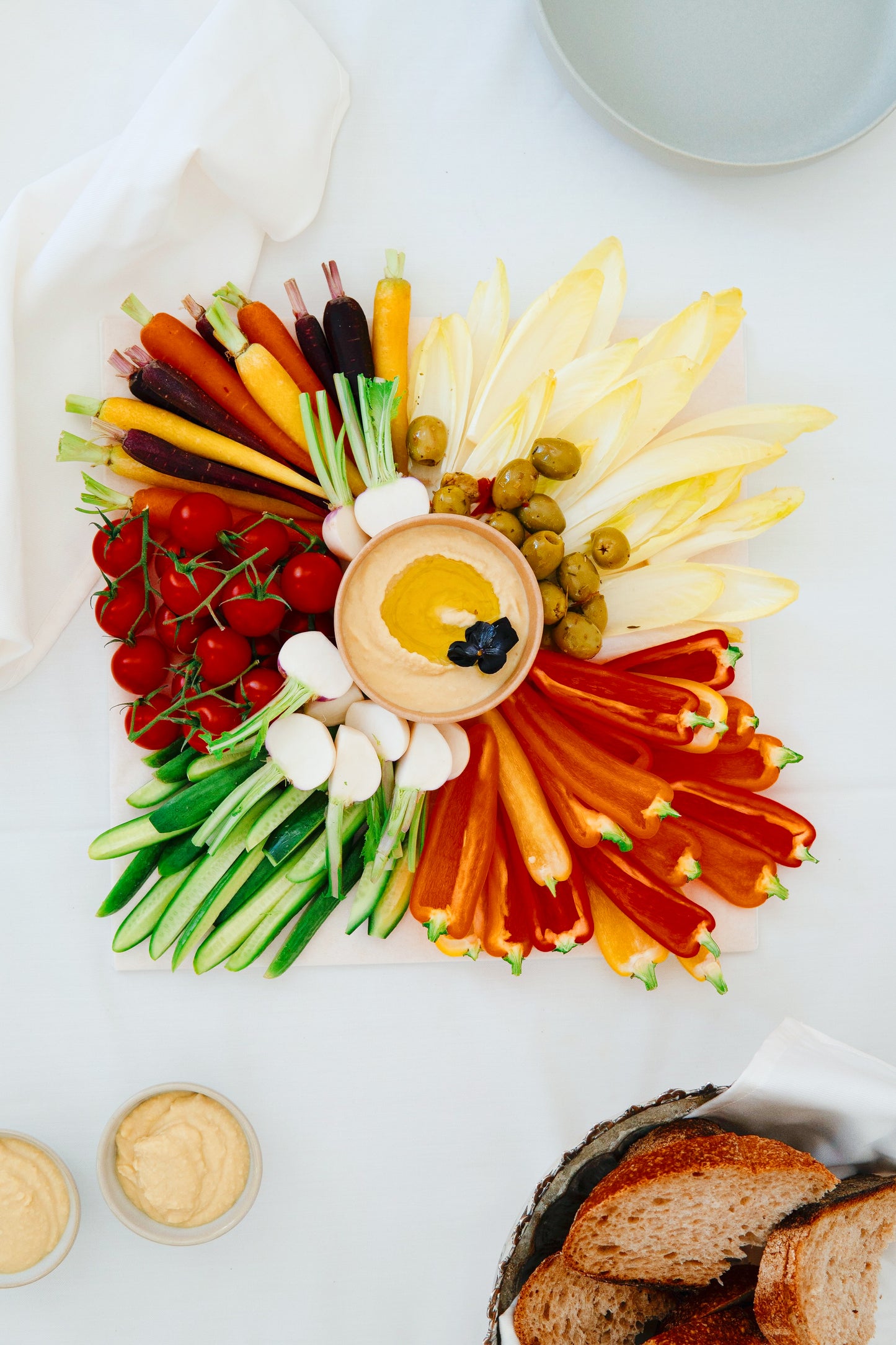 Hummus and crudités platter, top angle