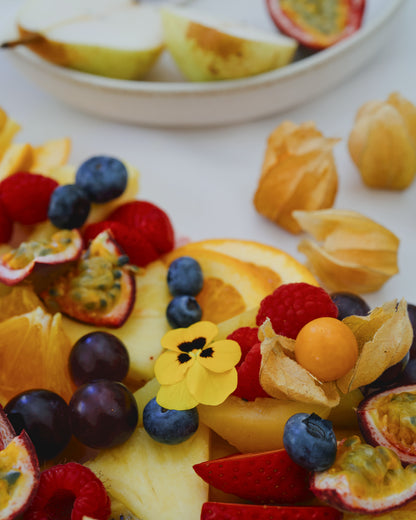 Fresh fruit platter, close up side angle