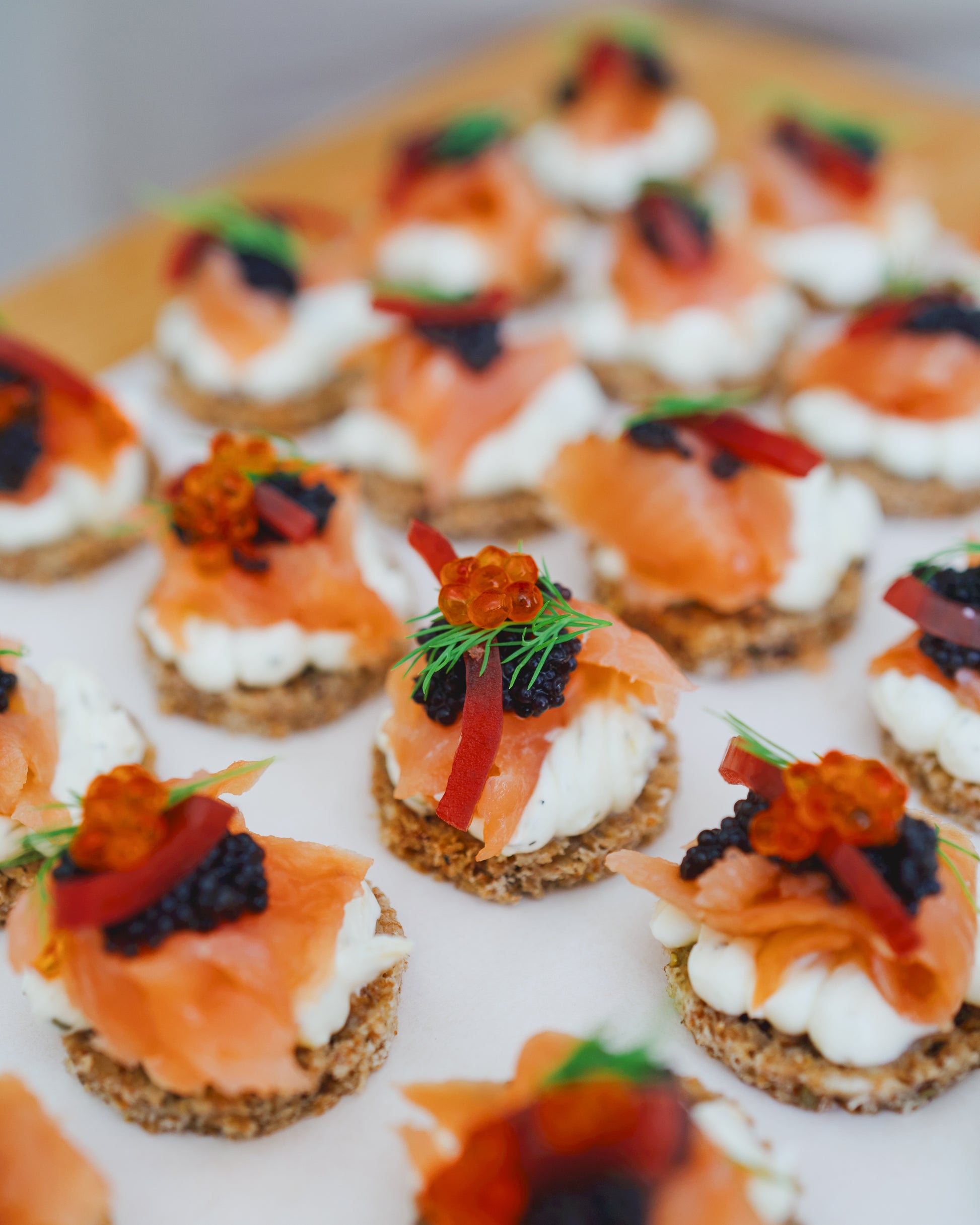 Smoked salmon canapé, close up