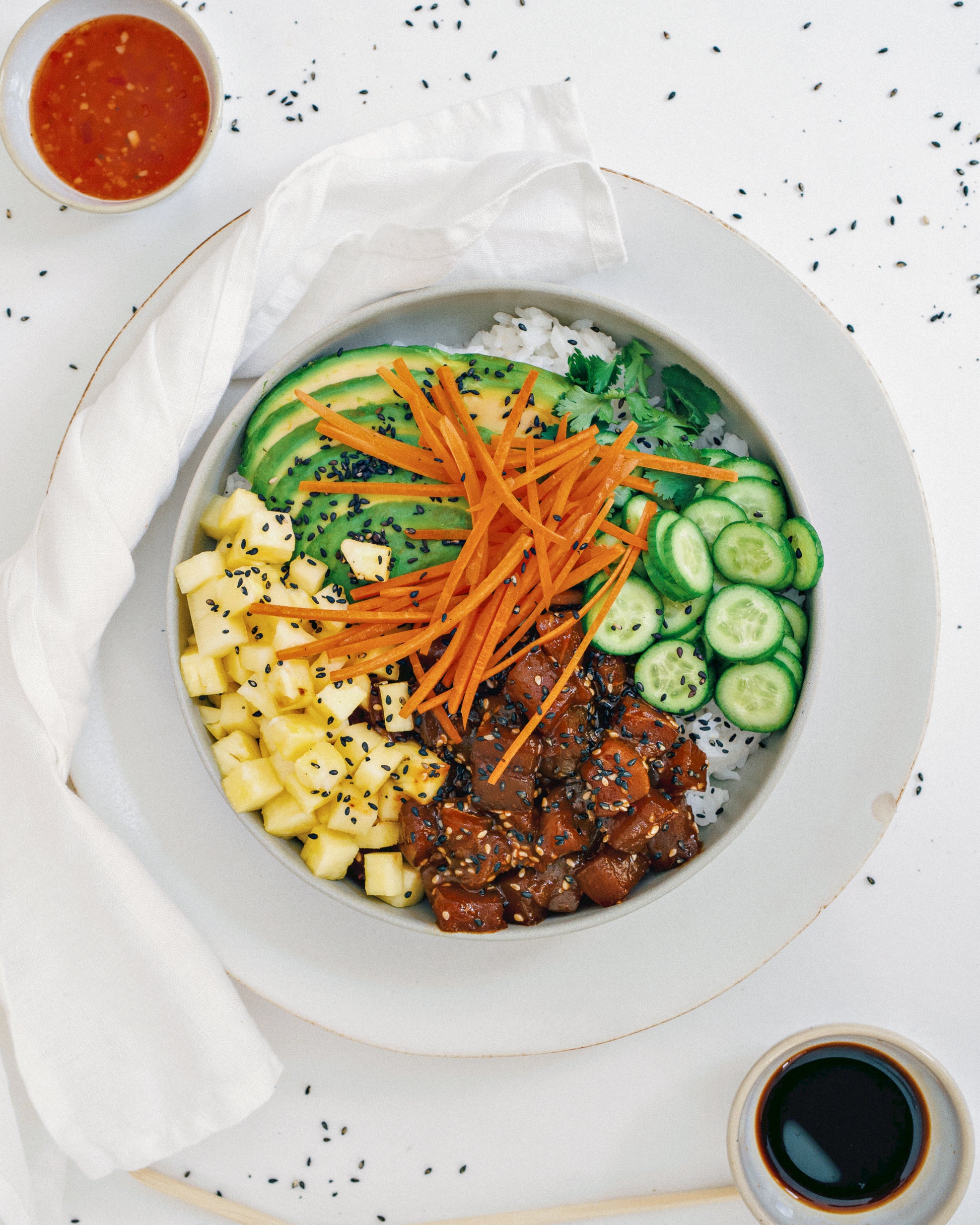 Tuna poke bowl, top angle