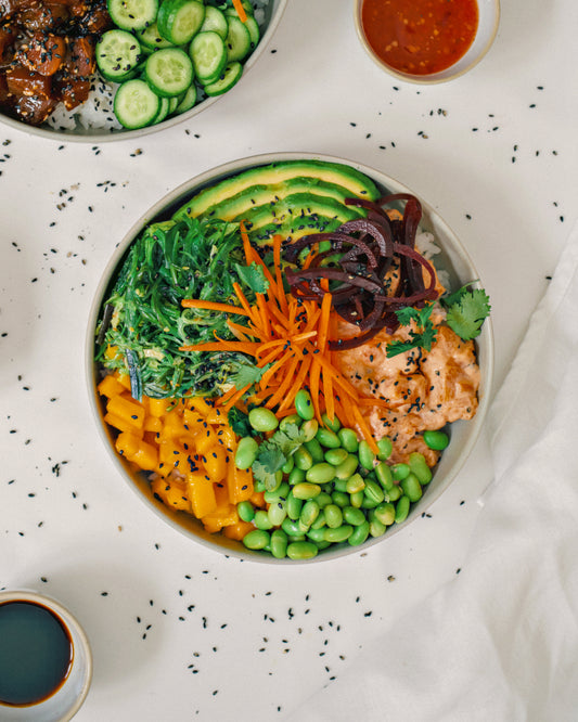 Salmon poke bowl, top angle